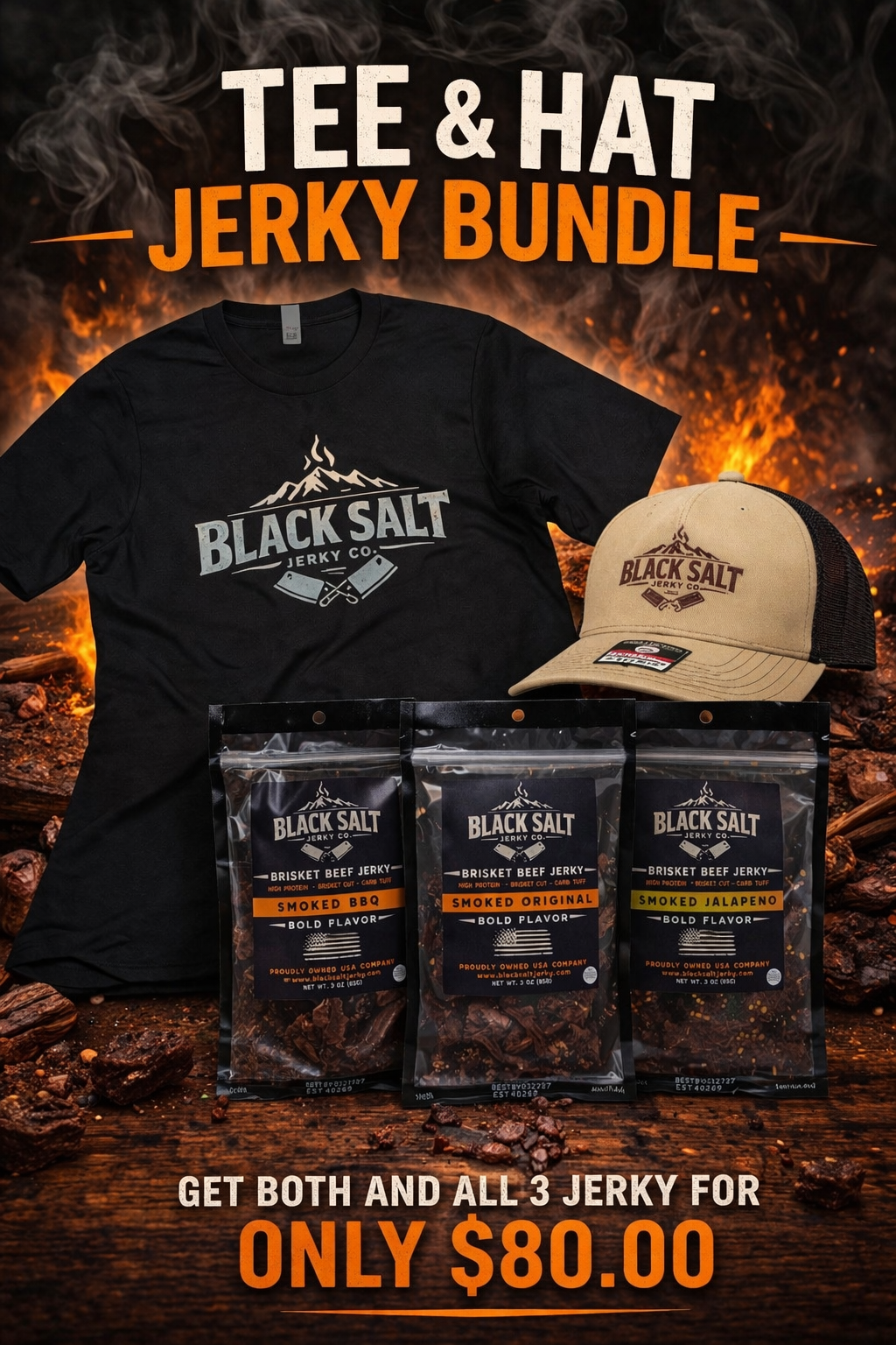 Black Salt Jerky Co. Gift Pack Jerky, Hat and Tee Combo