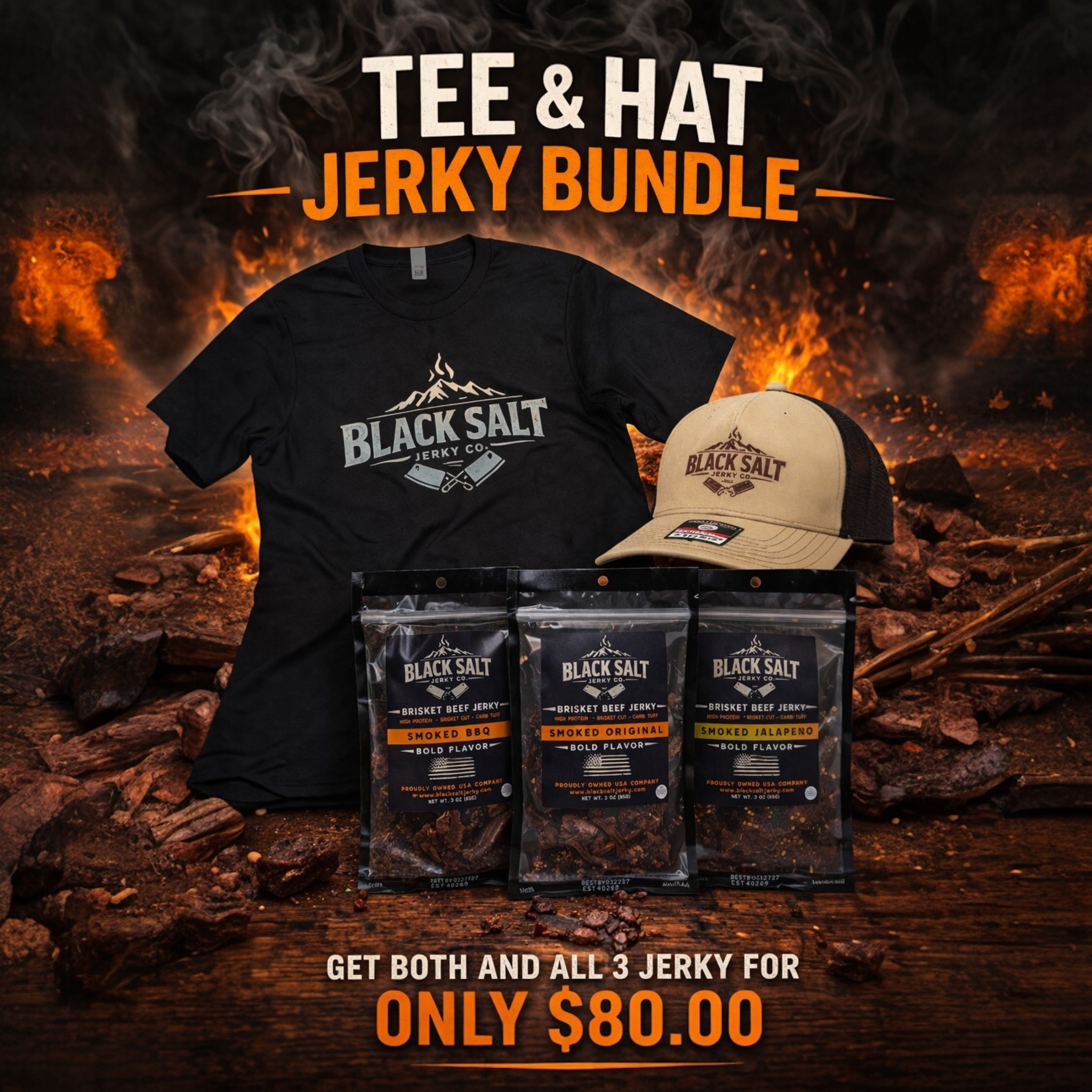 Black Salt Jerky Co. Gift Pack Jerky, Hat and Tee Combo